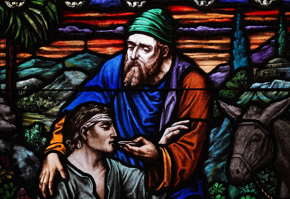 The parable of the good Samaritan is depicted in a stained-glass window at Good Samaritan Hospital Medical Center on World Day of the Sick, Feb. 11, 2021, in West Islip, New York. (CNS/Gregory A. Shemitz)