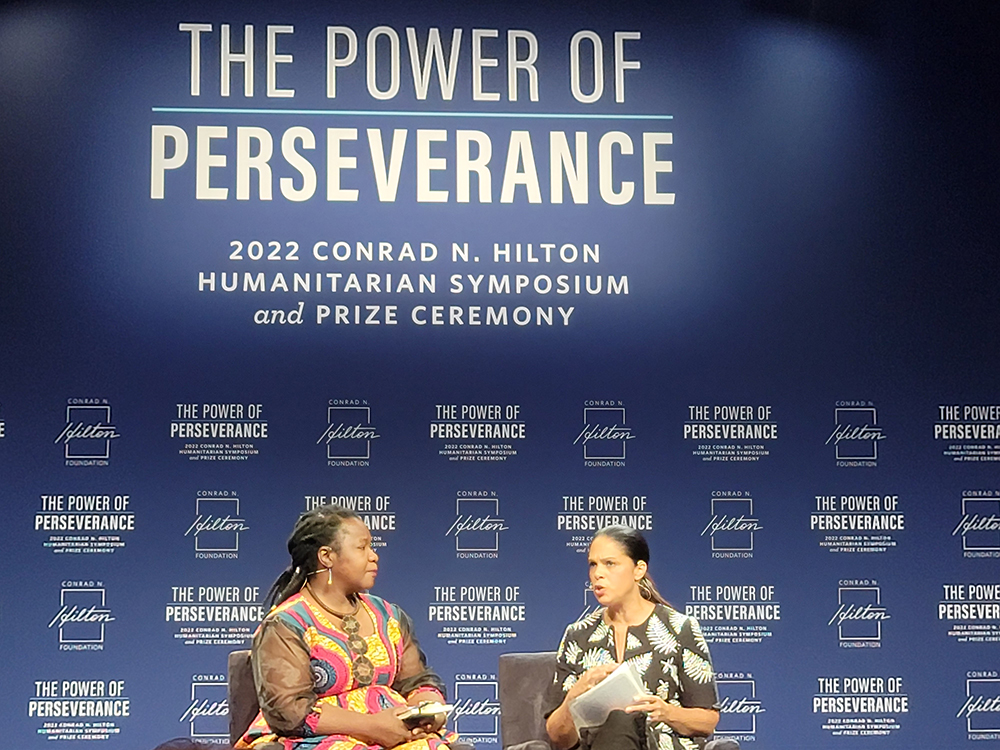 Journalist Soledad O'Brien, right, interviews Angelina Murimirwa, the executive director for Africa for the Campaign for Female Education, or CAMFED, on Oct. 21 at the Hilton Humanitarian Symposium and Prize Ceremony in Beverly Hills, California. (GSR photo/Gail DeGeorge)