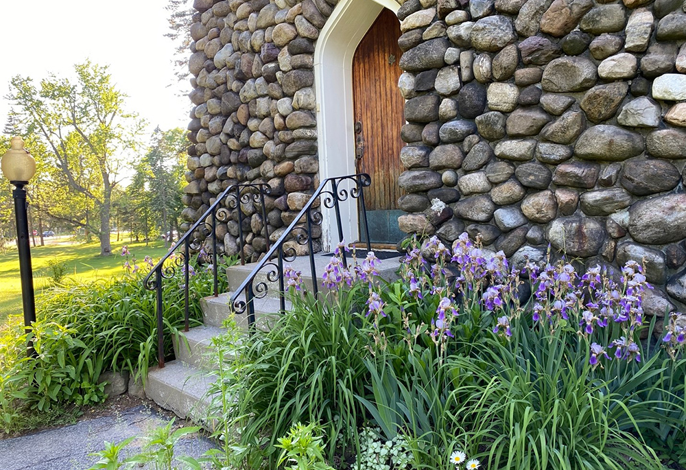 Irises bloom outside a chapel at the Dominican Retreat and Conference Center in Niskayuna, New York. (Annie Killian)