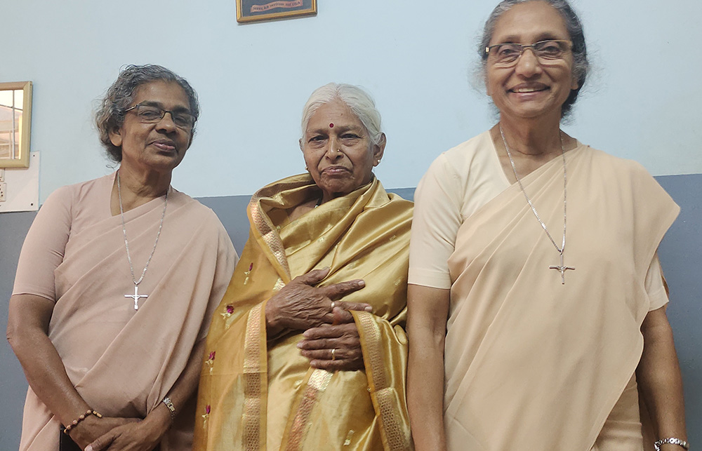 From left, Holy Cross Sr. Clara Alappat, Nanjamma and Holy Cross Sr. Fidelis Nedumpara at Jeevodaya Ashram in the southern Indian city of Bengaluru, where former prisoners and women in distress are sheltered (GSR photo/Thomas Scaria)