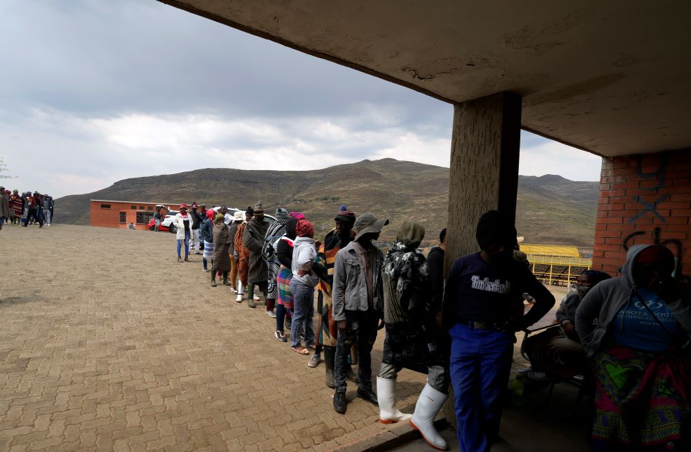 People line up to cast their votes at a polling station in Thaba-Tseka District in Lesotho Oct. 7.   (AP/Themba Hadebe)