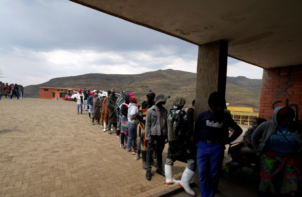 People line up to cast their votes at a polling station in Thaba-Tseka District in Lesotho Oct. 7. (AP/Themba Hadebe)