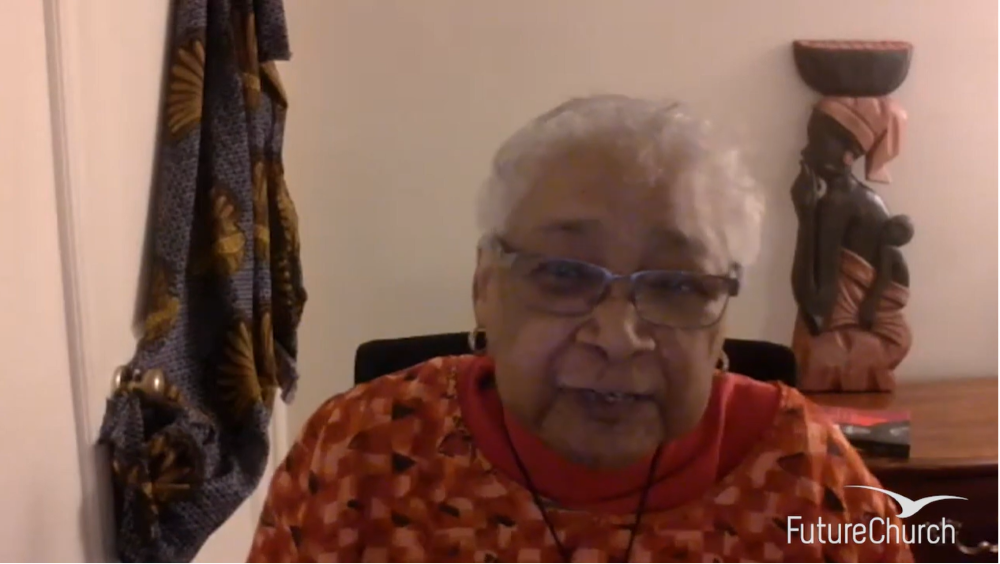 Sr. Josita Colbert, a Sister of Notre Dame de Namur and president of the National Black Sisters' Conference, speaks Aug. 23 to the 150 Catholics gathered virtually for a four-part study of Shannen Dee Williams' book "Subversive Habits: Black Catholic Nuns in the Long African American Freedom Struggle." (GSR screenshot)