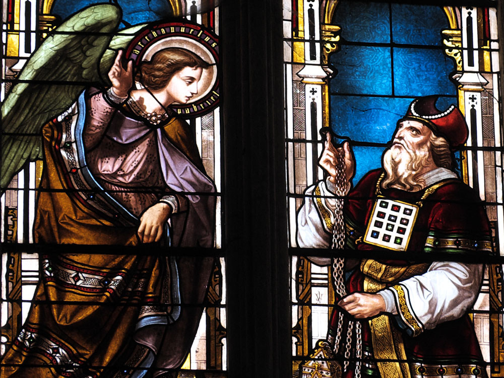 A stained-glass window in Saint-Jean-Baptiste Cathedral in Bazas, France, depicts the angel appearing to Zechariah. (Wikimedia Commons/GFreihalter)