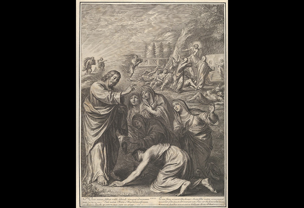 "The Holy Women at Christ's Tomb, from The Passion of Christ, Plate 20," a 1664 engraving by Grégoire Huret (Metropolitan Museum of Art)