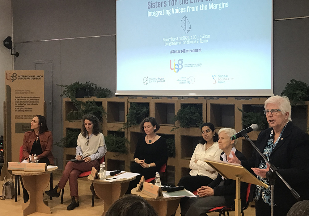 Loreto Sr. Pat Murray gives introductory remarks at the International Union of Superiors General's launch of the statement "Sisters for the Environment: Integrating Voices from the Margins" on Nov. 3 at UISG headquarters in Rome. (Justin McLellan)