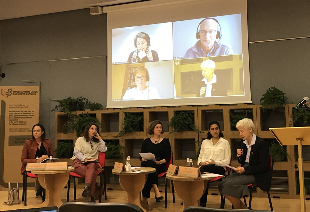 Sr. Sheila Kinsey of the Franciscan Sisters, Daughters of the Sacred Hearts of Jesus and Mary speaks during a panel discussion at the International Union of Superiors General's launch of the statement "Sisters for the Environment: Integrating Voices from the Margins" on Nov. 3 at UISG headquarters in Rome. (Justin McLellan)