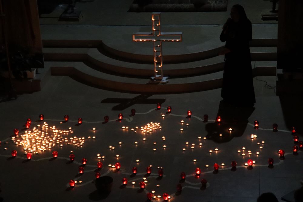 Candles are arranged to create a map of Ukraine during a prayer service at Ukrainian Catholic University in Lviv, Ukraine. (Antonia Zoriana Shelepylo)