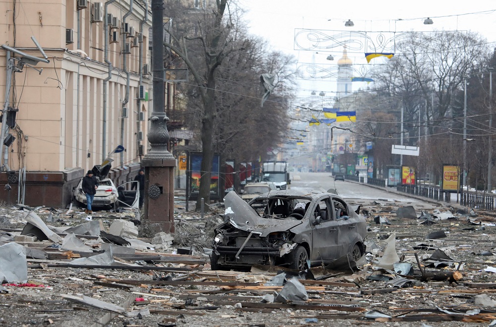 A view of central Kharkiv, Ukraine, shows the area near the regional administration building March 1. City officials said the building was hit by a Russian missile attack. (CNS/Reuters/Vyacheslav Madiyevskyy)