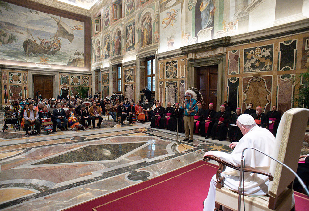 Pope Francis meets with with Indigenous elders, knowledge keepers, abuse survivors and youth from Canada, along with representatives of Canada's Catholic bishops in the Vatican's Clementine Hall April 1. (CNS/Vatican Media)