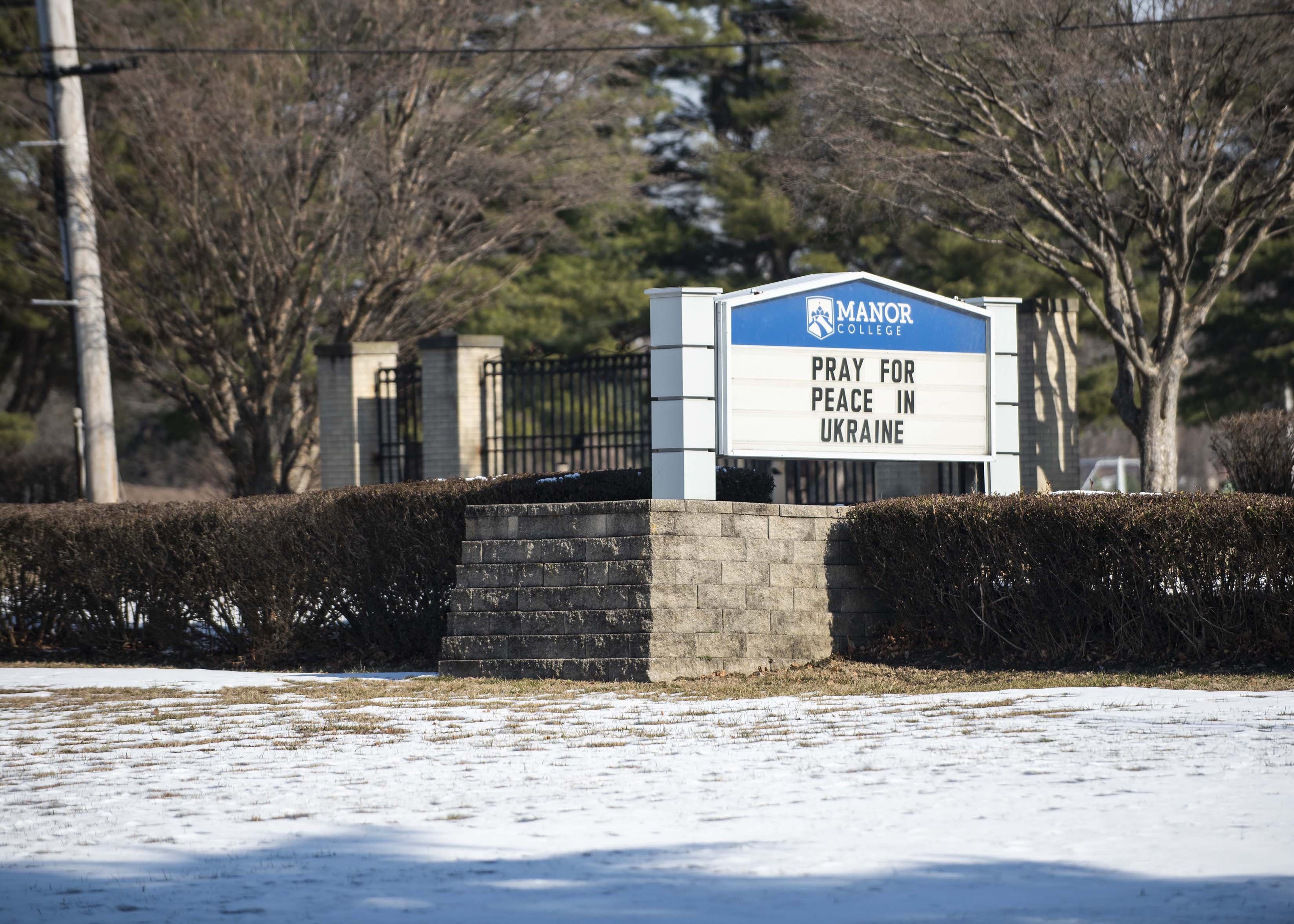 A sign near Manor College's campus in Jenkintown, Pa., asks for peace in Ukraine Feb. 22, 2022. (CNS photo/courtesy Manor College)