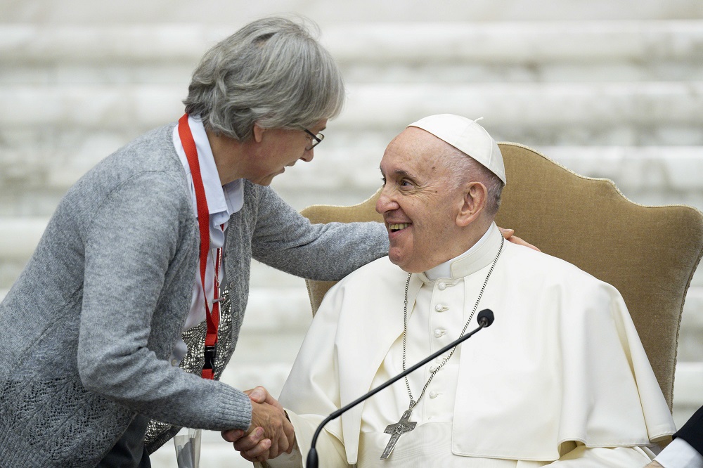 Pope Francis greets Claretian Missionary Sr. Jolanta Kafka, president of the International Union of Superiors General, during a May 5 audience with participants in the plenary assembly of the union at the Vatican. (CNS/Vatican Media)