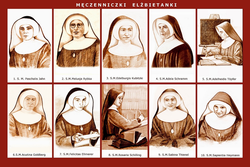 The 10 Polish nuns murdered by Russian soldiers at the end of World War II are, pictured clockwise: Srs. Maria Paschalis Jahn, Melusja, Edelburgis Kubitzki, Adel Schramm, Adelheidis Töpfer, Acutina Goldberg, Felicitas Ellmerer, Rosaria Schilling, Sabina T