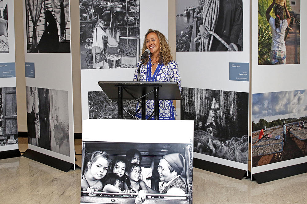 Photographer Lisa Kristine speaks at the July 29, 2019, opening of the "Nuns Healing Hearts" photo exhibition at the United Nations. (CNS/Gregory A. Shemitz)