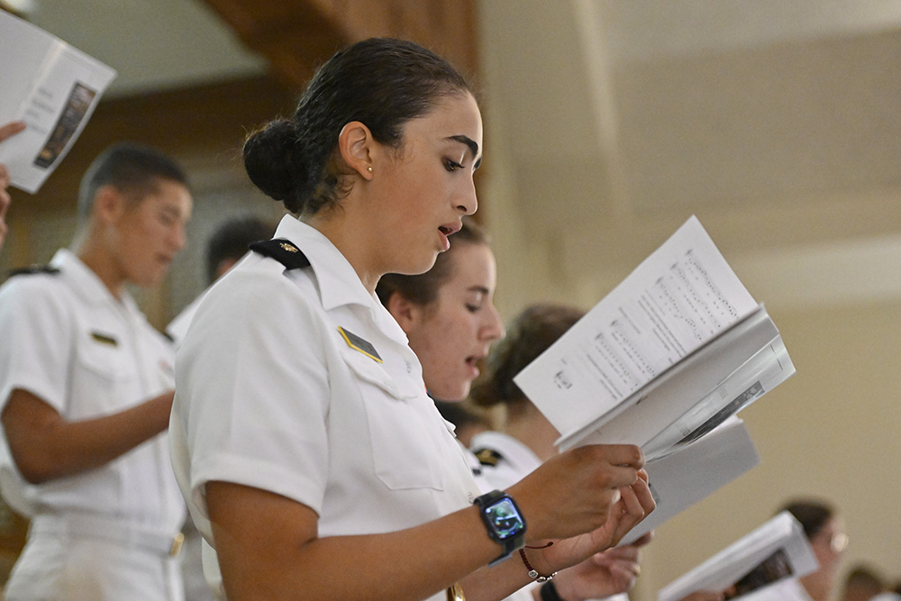 The U.S. Naval Academy Catholic Choir sings hymns Oct. 2 during the Pilgrimage of the Sea Services Mass at the Basilica of the National Shrine of St. Elizabeth Ann Seton in Emmitsburg, Maryland. (CNS/Courtesy of Devine Partners/Jason Minick)