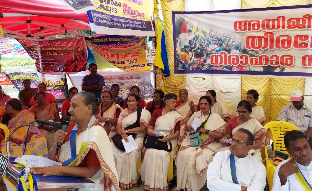 Medical Mission Sr. Theramma Prayikalam speaks at a protest supporting fish workers in Kerala, India.