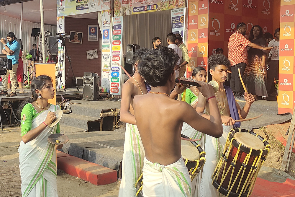Students perform Chenda melam, a percussion art form, at Kalolsavam, India's largest school cultural festival, in Kozhikode, Kerala. (Thomas Scaria)