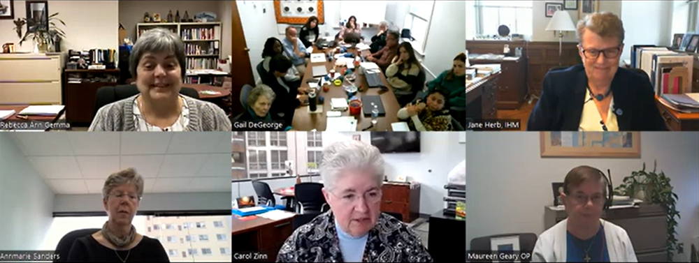 A screenshot of the interview on Dec. 8, 2022, with officers of the Leadership Conference of Women Religious. Top row, from left: Dominican Sr. Rebecca Ann Gemma; Global Sisters Report staff; and Sr. Jane Herb, of the Sisters, Servants of the Immaculate Heart of Mary. Bottom row, from left: Sr. Annmarie Sanders, of the Sisters, Servants of the Immaculate Heart of Mary; St. Joseph Sr. Carol Zinn; and Dominican Sr. Maureen Geary. (GSR screenshot)