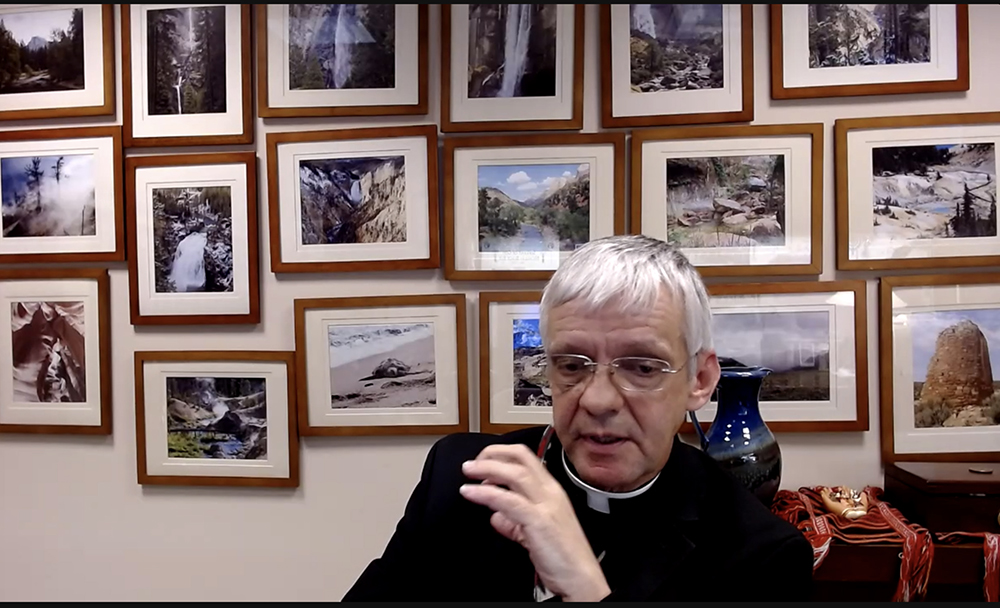 Fr. Mike Carson, assistant director for the Subcommittee of Native American Affairs at the U.S. Conference of Catholic Bishops, speaks to the Catholic Native Boarding School Accountability and Healing Project in a Jan. 23 webinar. (GSR screenshot)