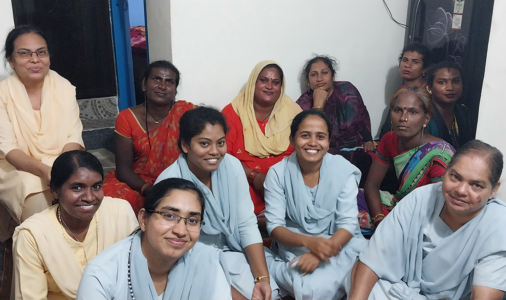 Fatima Sr. Roseline Jose, far right, with novices and two sisters from the Society of Sisters of St. Ann of Luzern with a group of transgender women 