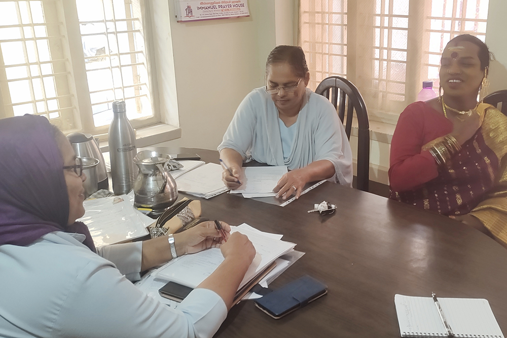 Fatima Sr. Saly Jose, left, Fatima Sr. Roseline Jose, center, both members of the Sisters of Our Lady of Fatima of Pune, with Ranjitha, who helped the nuns launch a ministry among transgender people in the southern Indian state of Bengaluru 