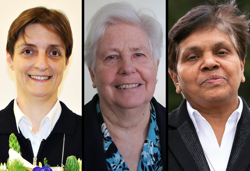 From left: Sr. Nadia Coppa of the Adorers of the Blood of Christ, president of the International Union of Superiors General; Loreto Sr. Patricia Murray, UISG executive secretary; and Holy Spirit Missionary Sr. Mary John Kudiyiruppil, UISG associate executive secretary (Courtesy of UISG; CNS/Courtesy of UISG; CNS/Courtesy of Global Solidarity Fund/Gian Marco Maraviglia)