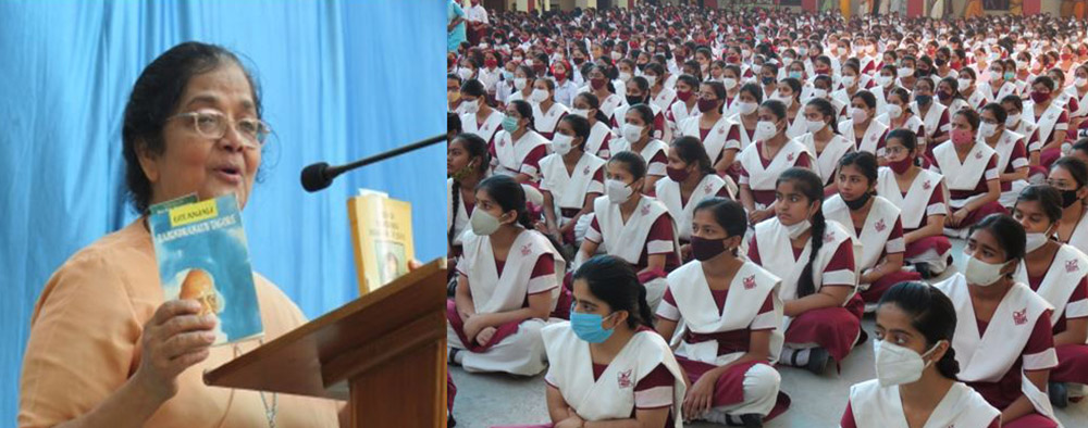 Ursuline Sr. Tisy Jose brings home to her students the preciousness of life described in two books:  Gitanjali by Rabindranath Tagore, the poet-mystic of India, and the story of Ursuline Mother Brigida who nurtured the lives of girl children with value-based education. (Courtesy of Tisy Jose)