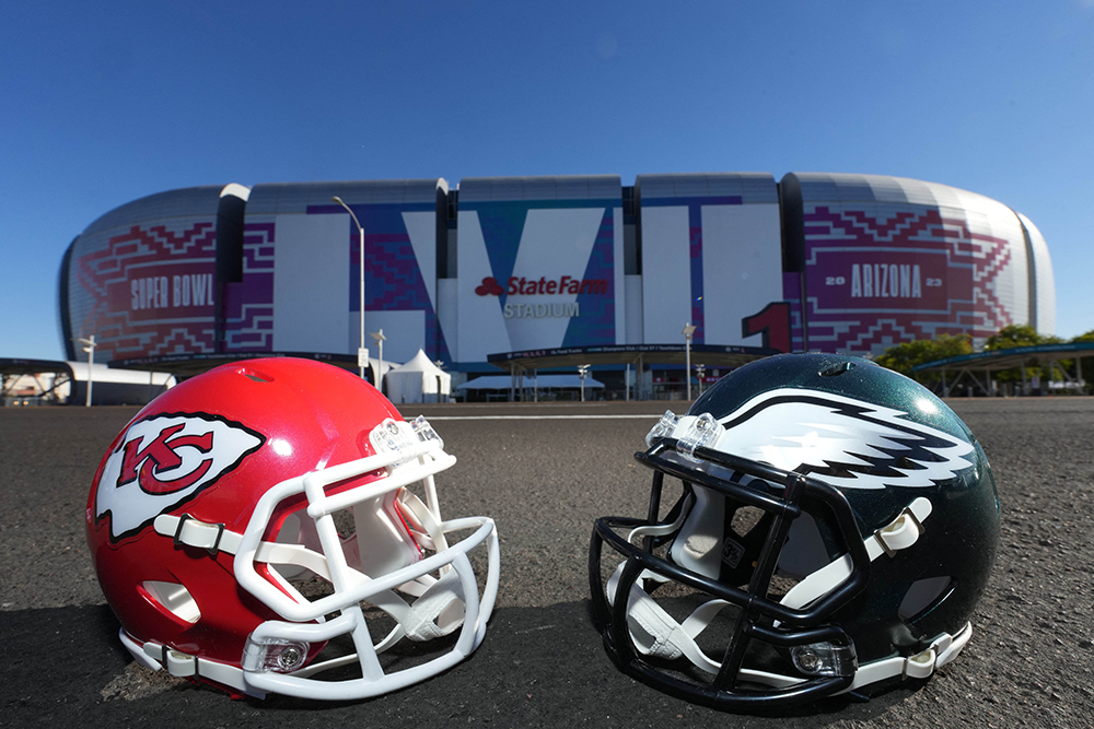 The helmets of the Kansas City Chiefs and Philadelphia Eagles are pictured outside State Farm Stadium in Glendale, Arizona