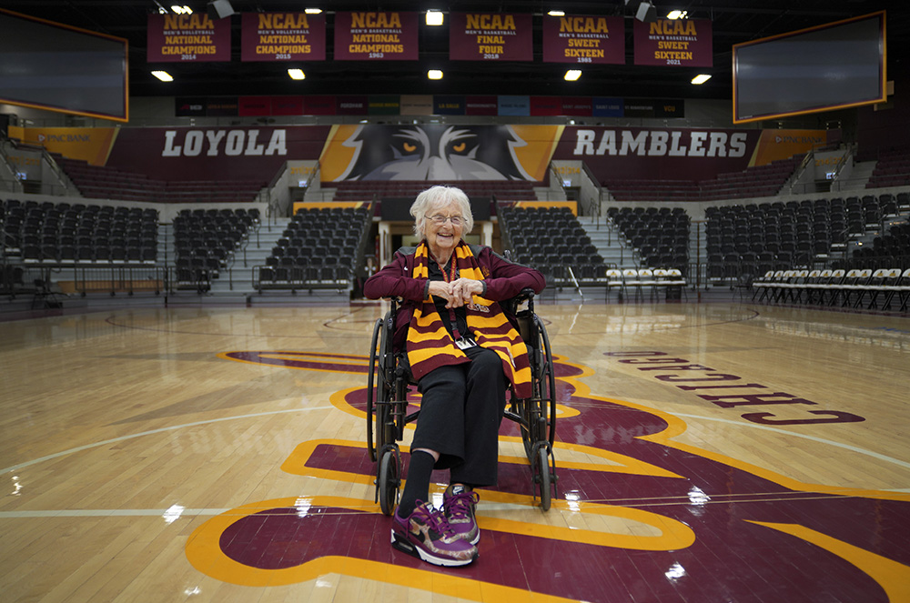 Sr. Jean Dolores Schmidt on the Ramblers' basketball court