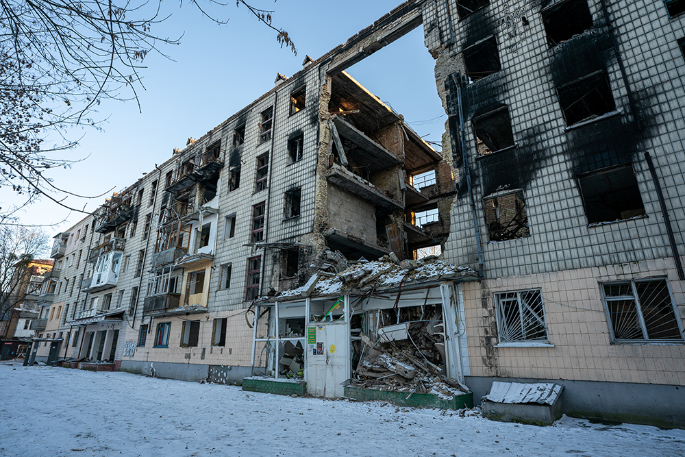 Buildings in areas around Kyiv, Ukraine, including Irpin, Bucha and Borodyanka, show damage from the yearlong war with Russia. (Gregg Brekke)