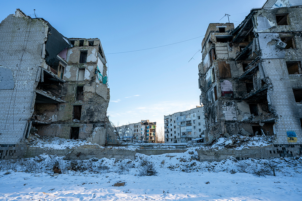 The center of this apartment complex in Borodyanka, Ukraine, collapsed when a Russian missile hit it on April 5, 2022. (Gregg Brekke)