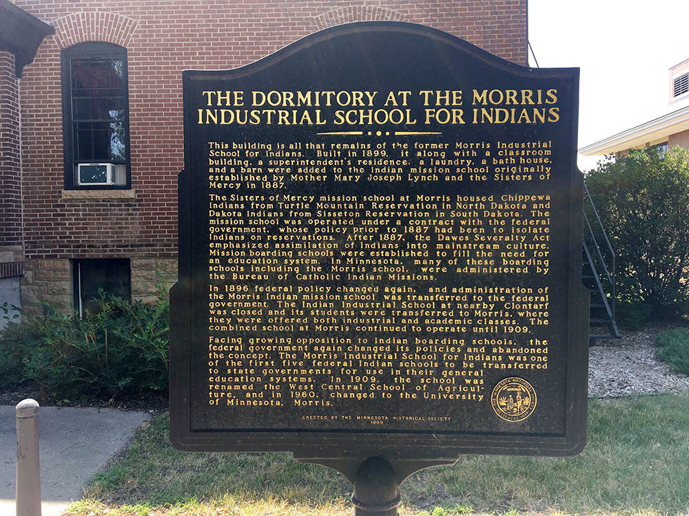 A marker erected by the Minnesota Historical Society marks the site of the dormitory of the former Morris Industrial School for Indians. (Courtesy of Elizabethada Wright)