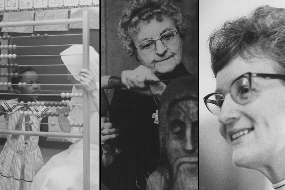 From left: A student with Sister Waneta; Sister Helena sculpting; spiritual director Sister Mary (Photos courtesy of the School Sisters of St. Francis of Milwaukee)