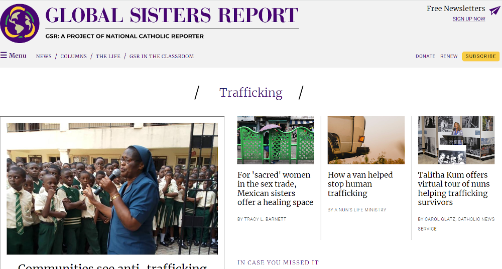 A screenshot of the Trafficking section on the Global Sisters Report website (GSR screenshot)