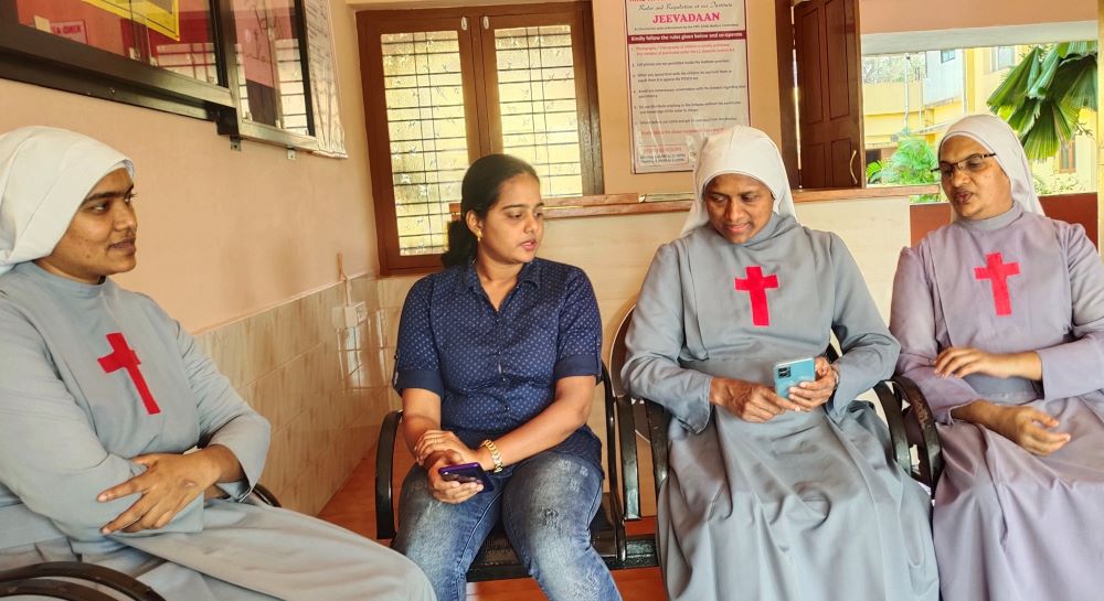 . Nine Camillian Sisters work at Jeevadaan HIV/AIDS rehabilitation center in Mangaluru, India. They include, from left: Sr. Bernadette Peddada, Priyanka Kiran John (social worker), Sr. Bincy Parambakathu (superior) and Sr. Shiji Madathithazhe. (GSR photo/Thomas Scaria)