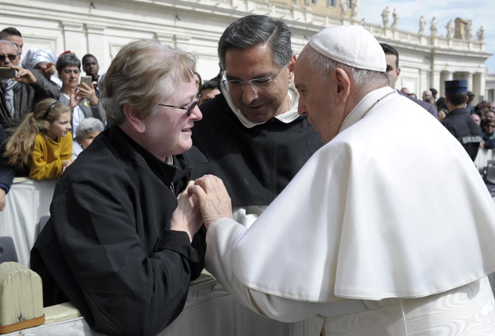 Josephite Sr. Jayne Helmlinger, then president-elect of the Leadership Conference of Women Religious, greets Pope Francis after an audience during the 2019 LCWR visit to Rome. (Courtesy of LCWR)