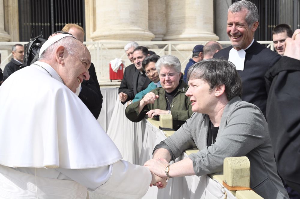 Sr. Sharlet Wagner, then president of the Leadership Conference of Women Religious, greets Pope Francis after an audience during the 2019 LCWR visit to Rome. (Courtesy of LCWR)
