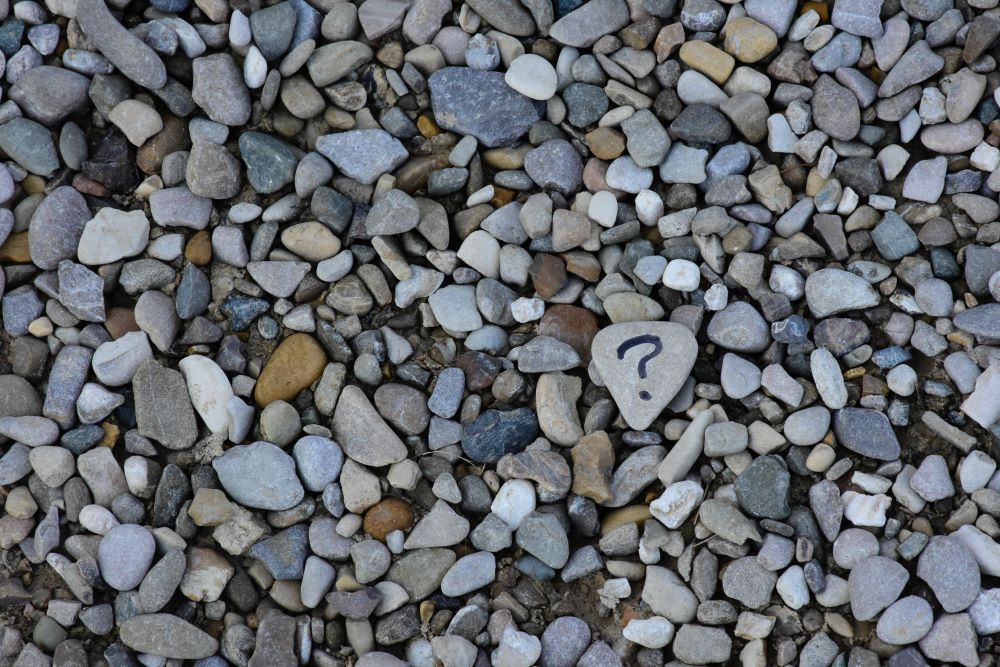 A rock marked with a question mark sits among a pile of rocks.