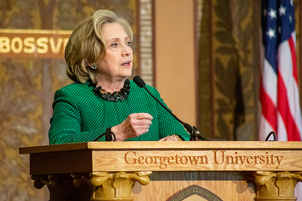 Former U.S. Secretary of State Hillary Rodham Clinton speaks at a March 16 event at Georgetown University that recognized the role of women in the 1998 Good Friday Agreement in Northern Ireland. (Courtesy of Georgetown University/Phil Humnicky)