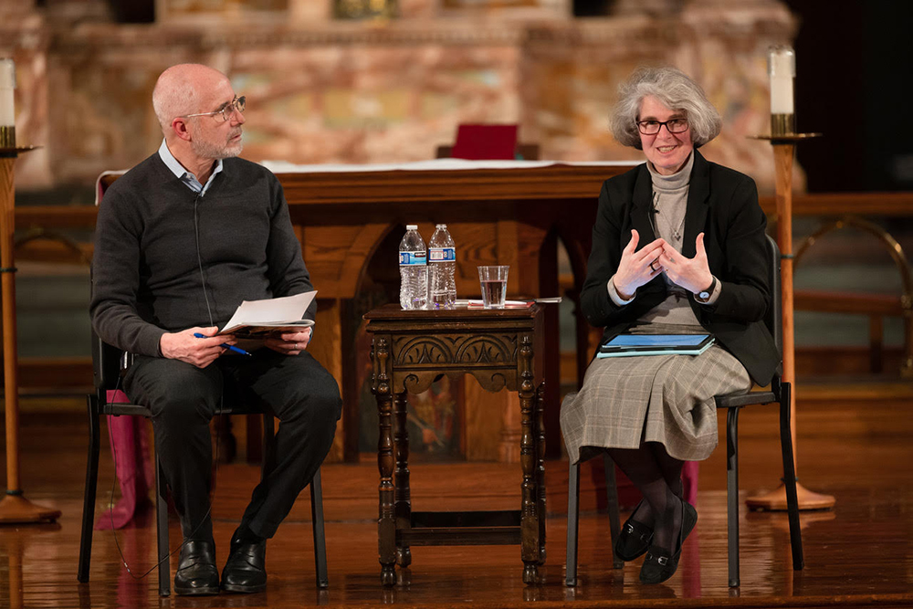 David Gibson, left, director of the Fordham University Center on Religion and Culture, noted that while The New York Times described Sr. Nathalie Becquart, right, as "the nun reshaping the role of women inside the Vatican," he believes an equally deserved accolade is her role as "global representative of synodality." The Fordham center sponsored Becquart's March 28 lecture. (Fordham University/Leo Sorel)