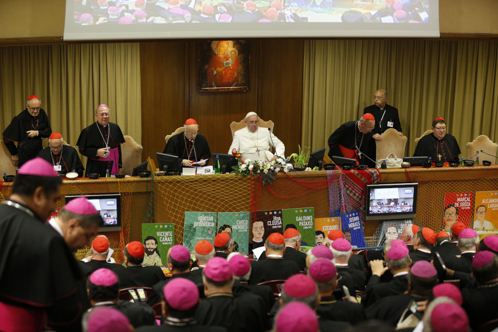 Pope Francis attends the final session of the Synod of Bishops for the Amazon at the Vatican Oct. 26, 2019. (CNS photo/Paul Haring)