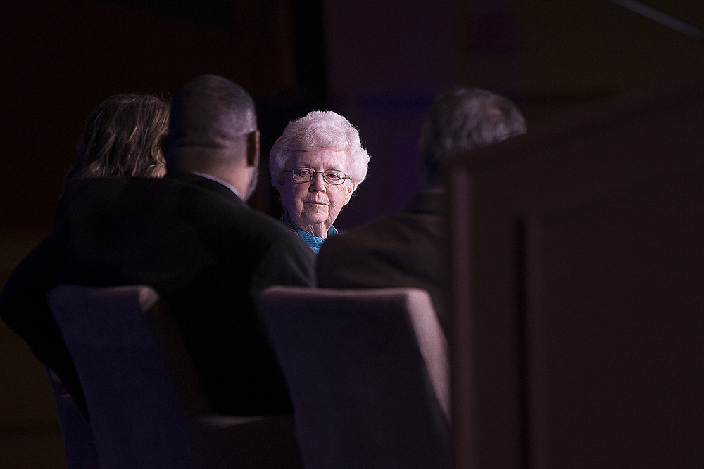 Humility of Mary Sr. Anne Victory, director of education for the Collaborative to End Human Trafficking in the Cleveland area, is seen Jan. 25, 2020, during a panel discussion about building bridges at the Catholic Social Ministry Gathering in Washington, D.C. (CNS/Tyler Orsburn)