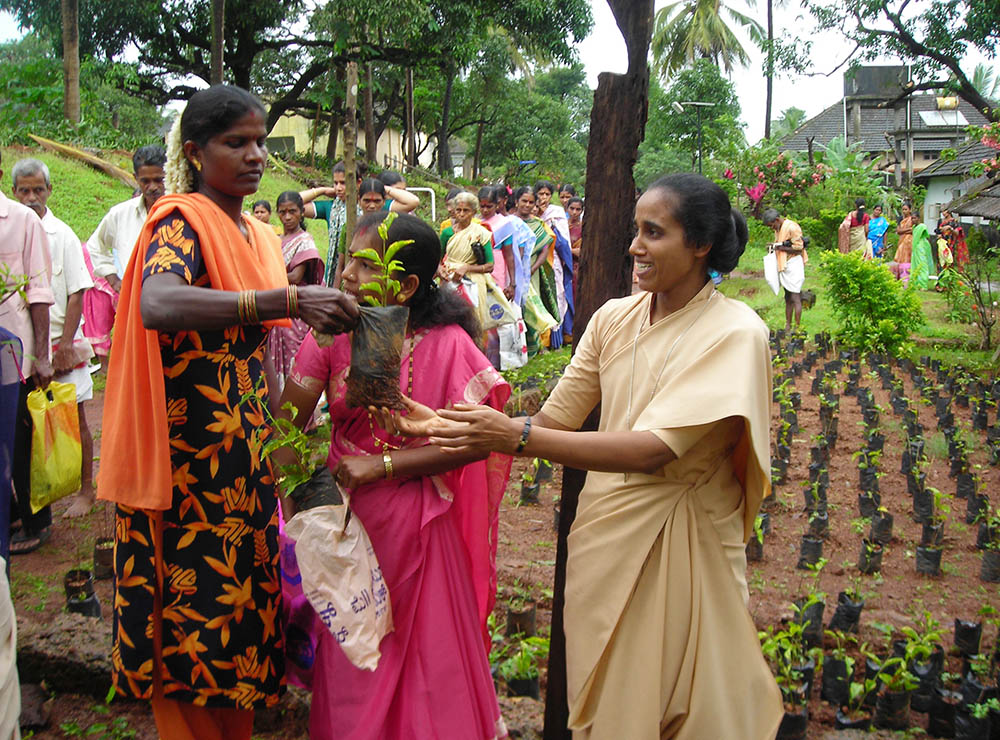 Helpers of Mount Rosary Sr. Anita Crasta distributes jasmine plants as part of promoting entrepreneurship among village women at her congregation's headquarters in Alangar near Moodabidri in the southwestern Indian state of Karnataka. (Courtesy of Celestine D'Souza)