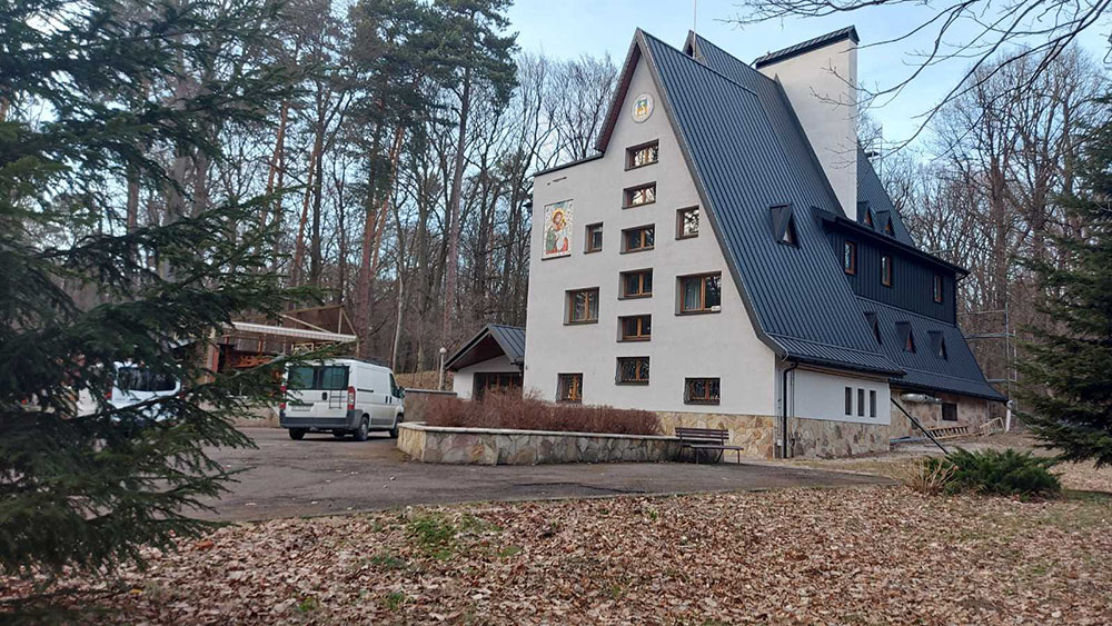 The Sisters Catechists of St. Anne's monastery property in Bryukhovychi, about 6 miles northwest of Lviv. The property was built in 1991, but the sisters had remained in community in Lviv in recent years because of the monastery's rising utility bills. Before the war, they used the convent primarily for organized retreats and events, such as evangelization workshops and catechesis classes. (Courtesy of Veronika Yaniv)