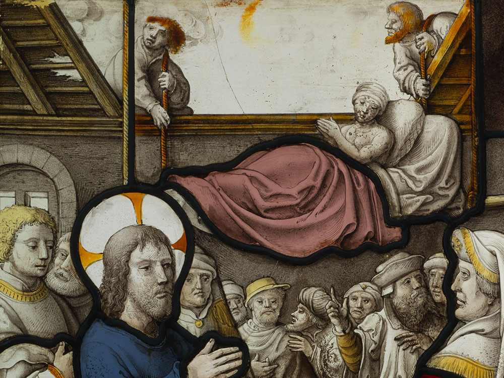 "Healing of the Paralytic at Capernaum," detail of stained glass (circa 1525-30), by Jan Rombouts (Metropolitan Museum of Art)