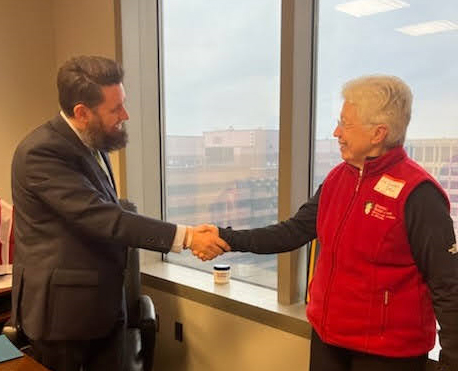 Sr. Gemma Doll, Justice Promoter for the Dominican Sisters of Peace, meets with Ohio State Rep. Elliot Forhan during a recent Moms Demand Action for Gun Sense in America Legislative Action Day in Columbus, Ohio. (Courtesy of the Dominican Sisters of Peace)