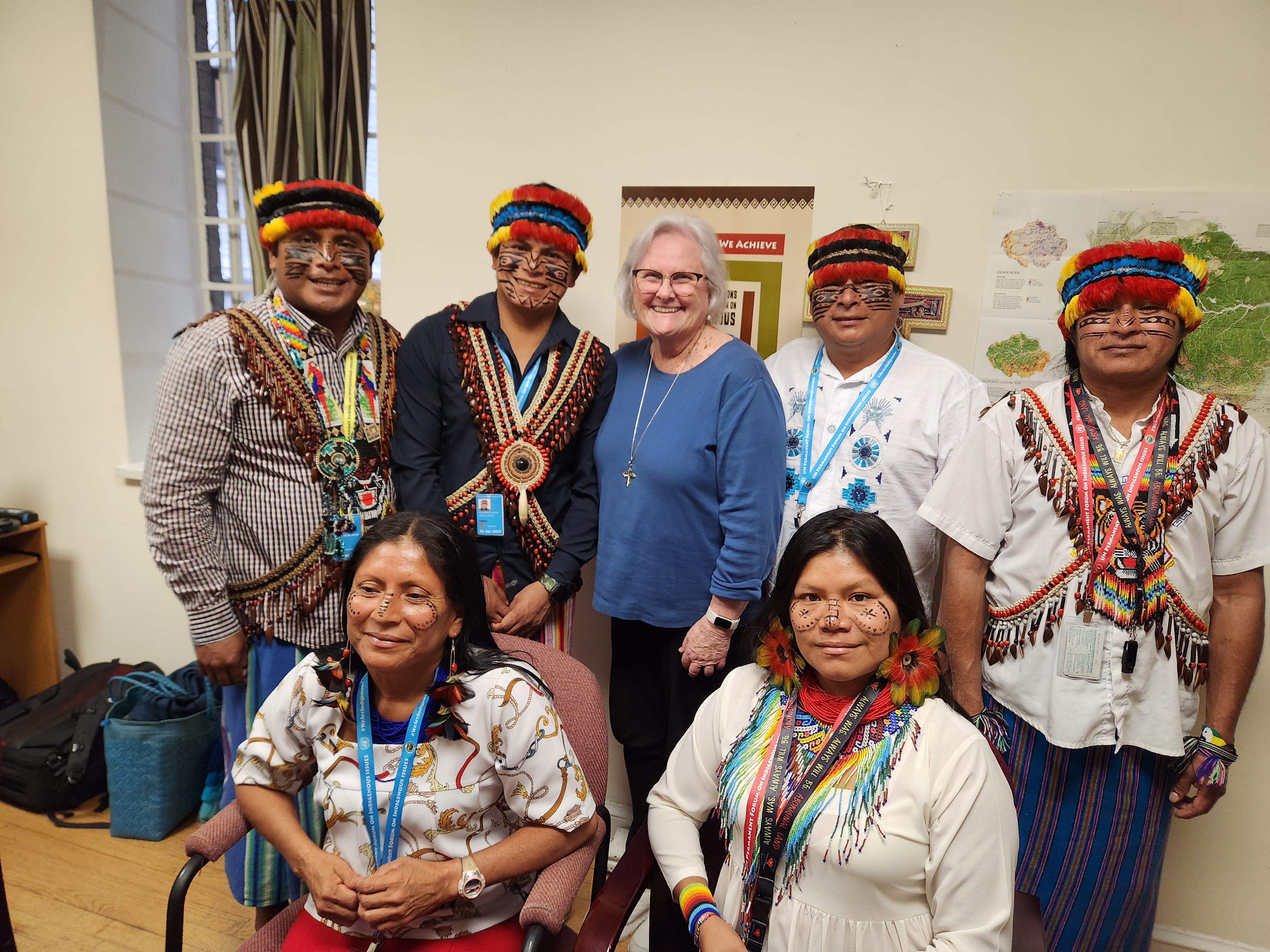 Adrian Dominican Sr. Dusty Farnan, center, with members of a delegation from the Achuar nation in the Ecuadorian Amazon area during the United Nations Permanent Forum on Indigenous Issues, held April 17-28 at U.N. headquarters in New York (GSR photo/Chris Herlinger)
