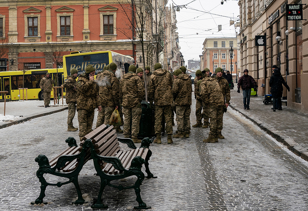 Young soldiers gather in the center of Lviv, Ukraine. (GSR photo/Gregg Brekke)