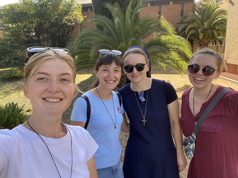 Missionary Sisters Servants of the Holy Spirit novices Liudmyla, Mariia and Anna, with formation director Sr. Svitlana Matsiuk (third from the left) at their formation center in Rome. Two of the novices are from Ukraine and one is from Poland. (Courtesy of Svitlana Matsiuk)