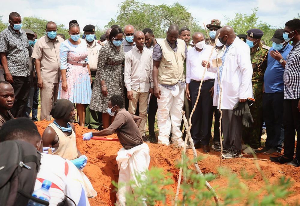 Kenyan authorities continue to retrieve bodies from shallow graves in an 800-acre ranch in Kilifi County near the town of Malindi. All victims were followers of the Good News International Church Pastor Paul Mackenzie. He allegedly told followers to pray and fast to meet Jesus and that the world would end April 15. (OSV News/Courtesy of Sheshi Visual Arts/Moses Mpuria)
